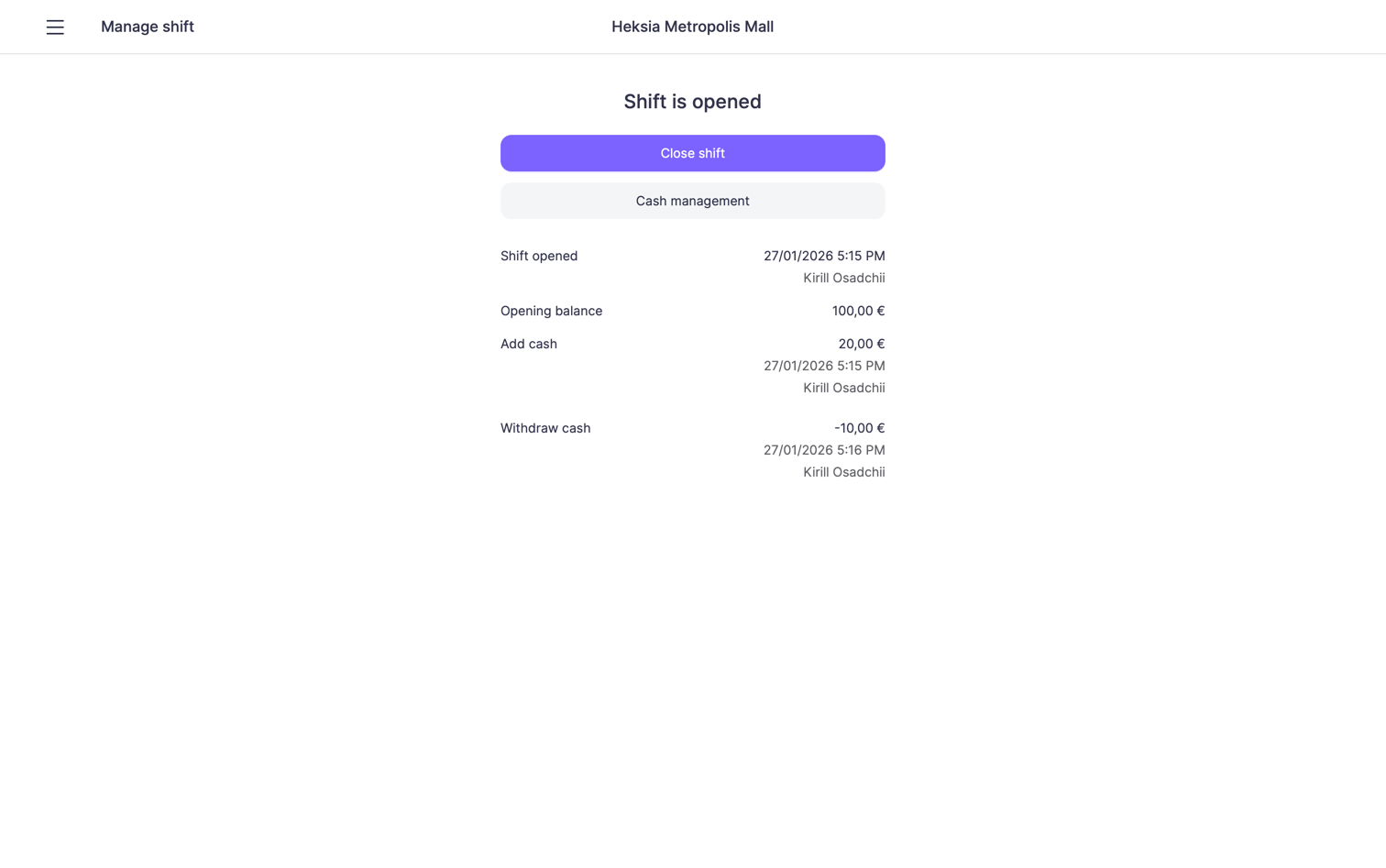 During the shift: cash operations